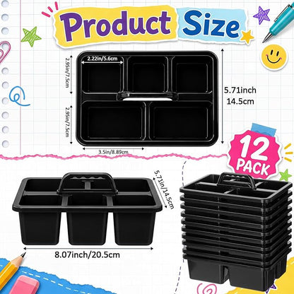 WILLBOND 12 Pcs Classroom Caddy with Handle Bulk Plastic Storage Caddy Organizer with 5 Compartment Portable Storage Bin for Pencil, Pen, Crayon, Marker, Home, Office, School Supply(Black)