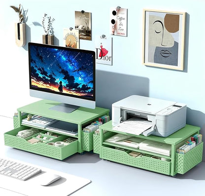 Spacrea Desk Organizer and Accessories, Computer Monitor Stand Riser with Drawer and 2 Pen Holders, Office Desk Accessories & Workspace Organizers for Office Supplies (Sage Green)