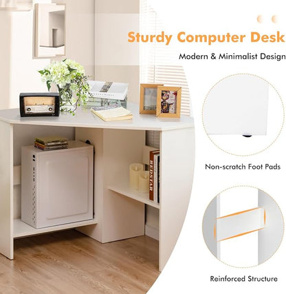 LDAILY Corner Desk, Space Saving 90 Degree Triangle Computer Desk with Storage Shelves & Cable Holes, Wood Compact Corner Writing Table for Small Spaces, Home Office, Bedroom & Living Room, White