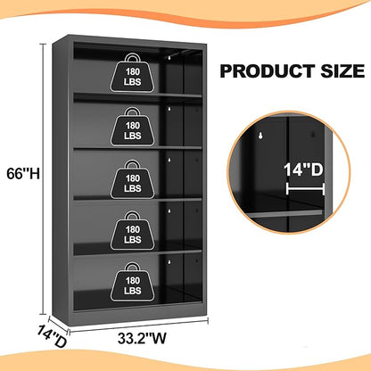 VASAAOSD 66" Tall Metal Bookcase, 5 Shelf Black Bookcase with Adjustable Shelves, Large Bookshelves and Bookcases, Modern Book Shelf Storage Organizer for Living Room, Home Office, Library (Black)