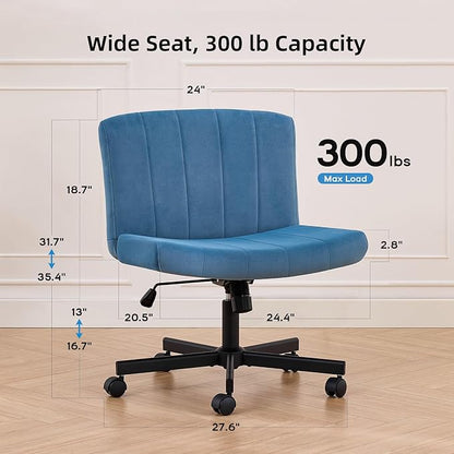 amseatec Criss Cross Chair, Wide Cross Legged Desk Chair with Wheels, Comfy Fabric Vanity Chair for Home Office, Adjustable Armless Swivel Task Chair with 90–115°Tilt（300Lbs/Navy）