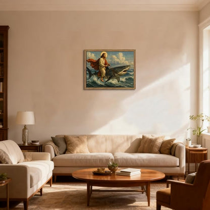 Framed Jesus Riding a Shark Wall Art, Humorous Christian Canvas Print, Fun Jesus Oil Painting, Religious Comedy Wall Decor, Christian Home Decor Gift for Living Room Bedroom Bathroom 16x24 inch