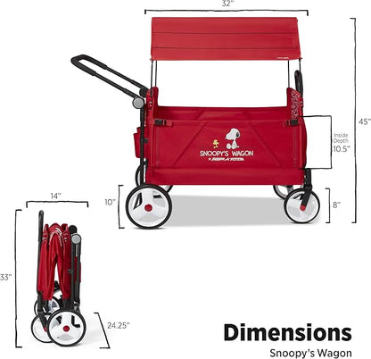 Radio Flyer Snoopy Folding Wagon for Kids & Pets, for Kids 1+, UV Doghouse Canopy, One-Hand Flat Fold, Seats 2 or Pеts, DuraClean Fabric, Rubber Tires, 120 lb Capacity, Wagon for Kids & Pets