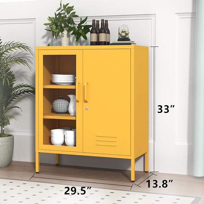 Yellow Food Storage Cabinet with Lock, 2-Door Steel Cabinet, 2 Adjustable Shelves, Metal Pantry Locker Freestanding Kitchen Storage Locker for Dining Room Living Room Size:33" H X 29.5" W X 13.8" D