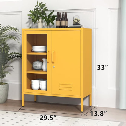 Yellow Food Storage Cabinet with Lock, 2-Door Steel Cabinet, 2 Adjustable Shelves, Metal Pantry Locker Freestanding Kitchen Storage Locker for Dining Room Living Room Size:33" H X 29.5" W X 13.8" D