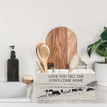Vintage Western Cow Pen Holder for Desk, Cow Gifts for Women CowLovers Pencil Organizer, Love You Till The Cows Come Home Wooden Pen Holder Desk Accessories Decor for Home Office