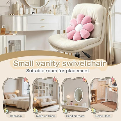 Small Office Desk Chair, PU Leather Armless Swivel Chair with Lumbar Pillow, Height Adjustable Task Chair for Small Spaces, Bedroom & Vanity Beige