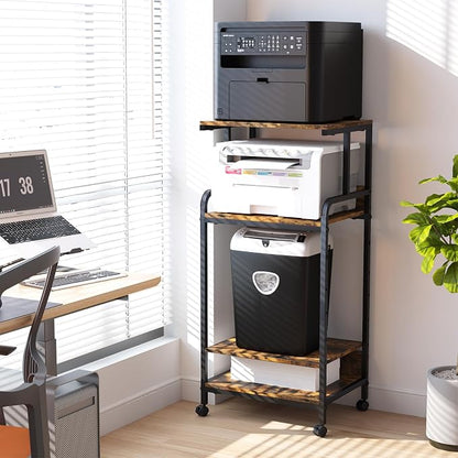 Arbuxzuy 4 Tier Printer Stand with Storage Shelf, Large Tall Printer Cart with Wheels, Mobile Printer Table for Home Office, Adjustable Stands for Heat Press Scanner Fax (Brown)