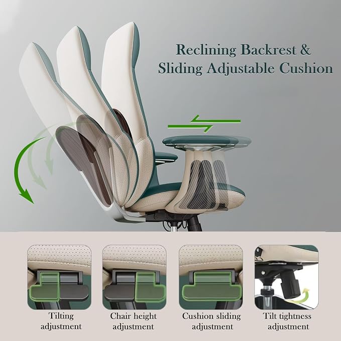 Ergonomic Genuine Leather Office Chair, Executive Chair with Tilt Adjustable High Back and Lumbar Support, 400lbs Weight Capacity Metal Base with 360° Flexible Wheels, Green