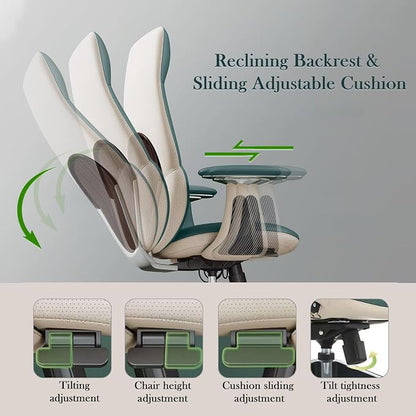 Ergonomic Genuine Leather Office Chair, Executive Chair with Tilt Adjustable High Back and Lumbar Support, 400lbs Weight Capacity Metal Base with 360° Flexible Wheels, Green