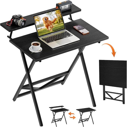 WOHOMO Folding Computer Desk with Adjustable Height, 23.6" x 31.5" x 25.6" Foldable Table with Monitor Stand, Small Office Desk for Bedroom, Space Saving Desk for Home Office, Easy Assemble, Black