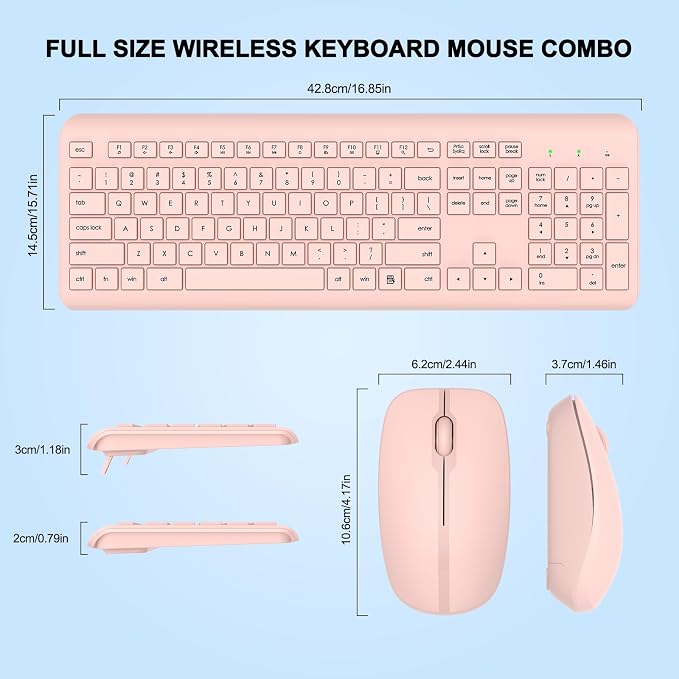 Wireless Keyboard and Mouse Combo, Full-Size Silent Ergonomic Keyboard and Optical Mouse, Long Battery Life, 2.4GHz Lag-Free Cordless Mice Keyboard for Computer, Mac, Laptop, PC, Windows(Pink)