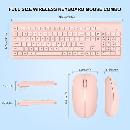 Wireless Keyboard and Mouse Combo, Full-Size Silent Ergonomic Keyboard and Optical Mouse, Long Battery Life, 2.4GHz Lag-Free Cordless Mice Keyboard for Computer, Mac, Laptop, PC, Windows(Pink)