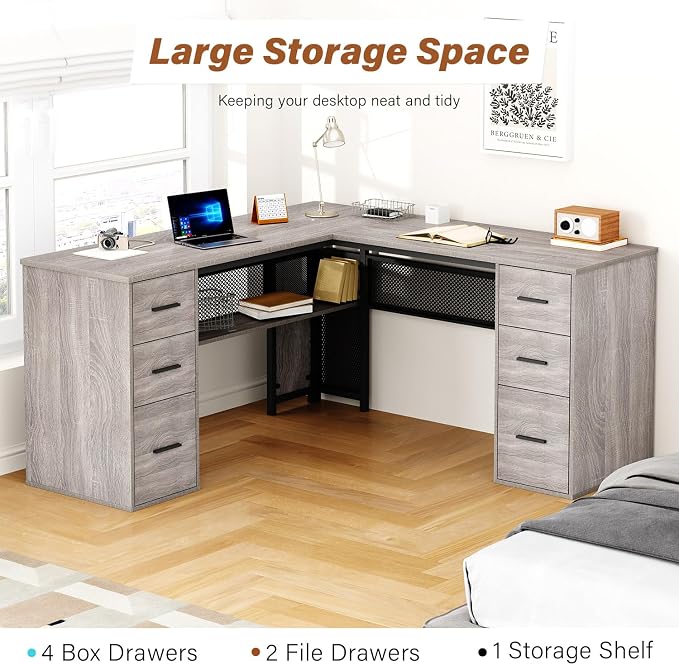 HSH Large L Shaped Desk with Storage File Cabinet，Corner L-Shaped Computer Desk with Drawers Shelves, Home Office Bedroom Metal Wood Study Writing Table Executive Workstation, Light Grey Oak, 59 Inch
