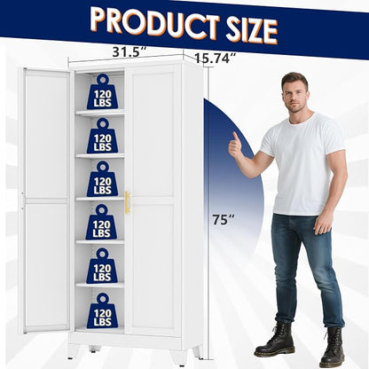 erosoei 75" H Metal Garage Storage Cabinet, Metal Pantry Cabinet with 2 Doors, Locker Steel Cabinet with 5 Adjustable Shelves, Freestanding Cupboard for Garage,Office,Home,Gym,School