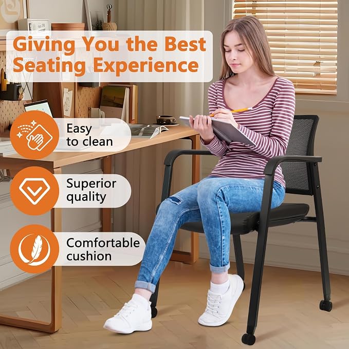 CLATINA Mesh Back Guest Reception Stacking Chair with Wheels, Waiting Room Stackable Chairs with Upholstered Leather Seat & Ergonomic Lumbar Support for Office Conference School Lobby, Black, 4 Pack