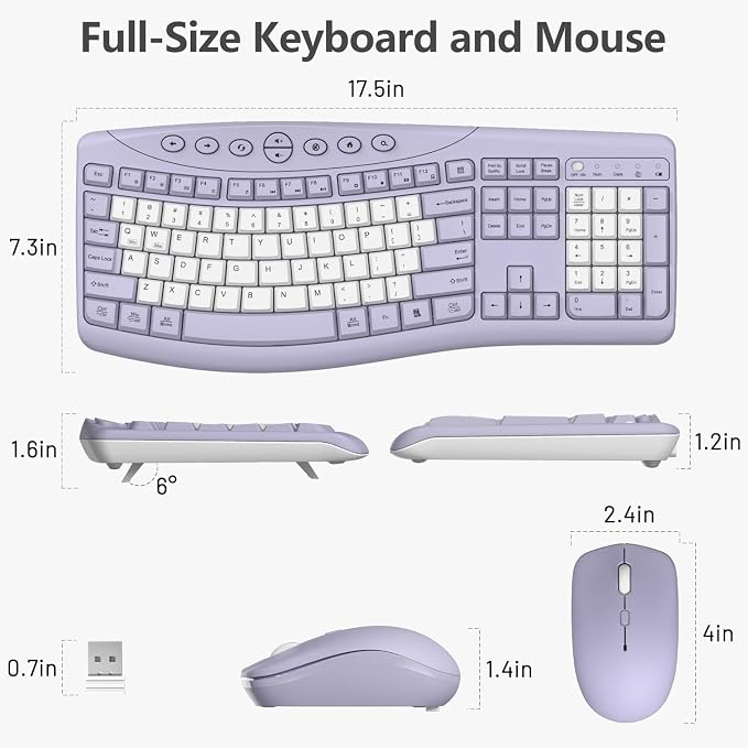 Wireless Keyboard and Mouse Combo, 2.4G Full Size Quiet Ergonomic Curved Keyboard for Natural Typing, 3-Level DPI Adjustable Silent Mouse for Windows, Mac OS, Desktop/Office and Home (Purple-B)
