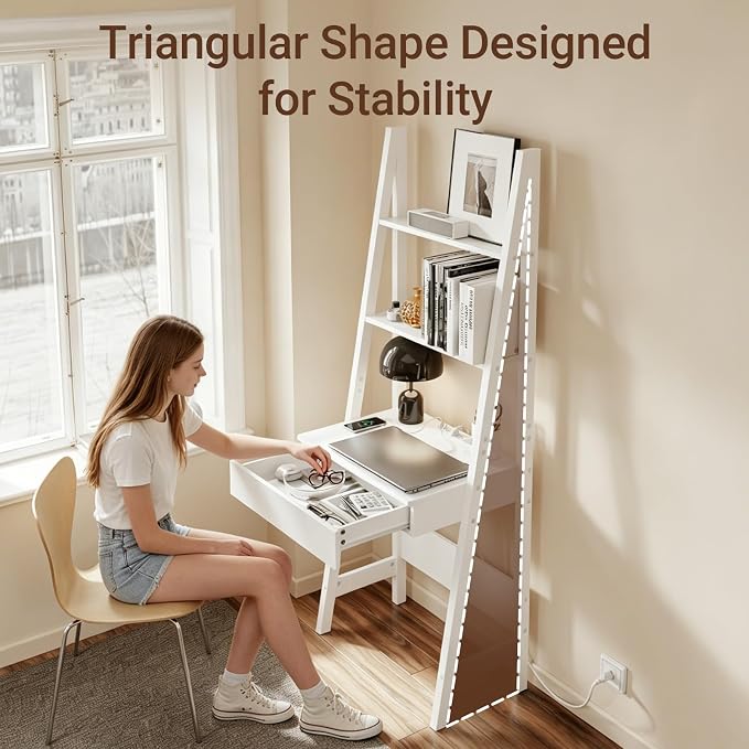 Haotian Ladder Desk with Power Outlet, Narrow Bookshelf Desk with Drawer and Shelves, Compact Secretary Desk for Small Spaces, Bedroom, Home, Office (White FWT112-W)