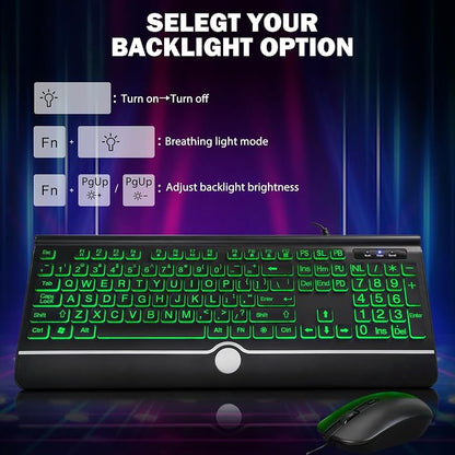 Wired Keyboard and Mouse Combo - Large Print Light Up Keyboard, USB Silent Wired Backlit Keyboard and Optical Mouse for Windows, PC, Laptop - Easy to See, USB Play and Plug