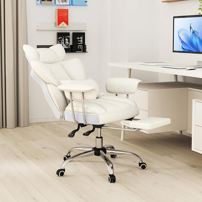 Giantex Office Desk Chair, Big and Tall Executive Office Chair with Foot Rest and Lumbar Support, High Back Leather Swivel Computer Task Chair, Large Ergonomic Reclining Home Office Chair, White