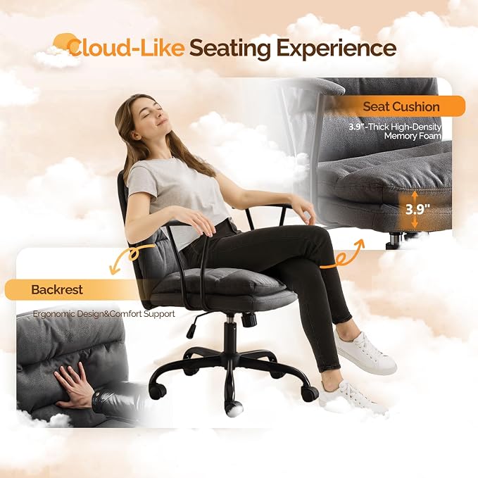 VINGLI Padded Grey Desk Chair with/No Wheels,Dual-Base,Removable Armrests,Adjustable Comfy Rolling Swivel Computer Task Nail Tech Chair for Home Office,Sewing,Makeup Vanity,Teen,Linen Fabric