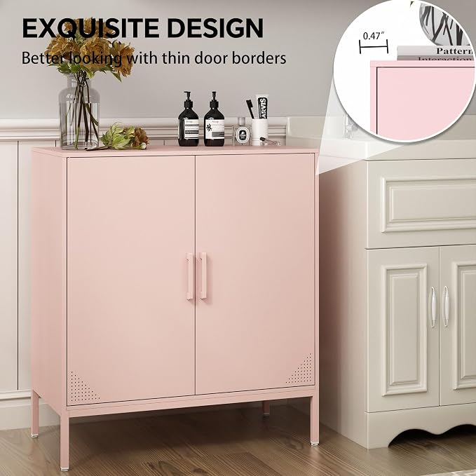 Steehoom Metal Storage Cabinet with 2 Doors, Steel Buffet Sideboard Entryway Locker Cabinet Kitchen Cupboard for Garage, Dining Room, Kitchen, Office, Bar (Pink, 31.5" D x 15.75" W x 35.43" H)
