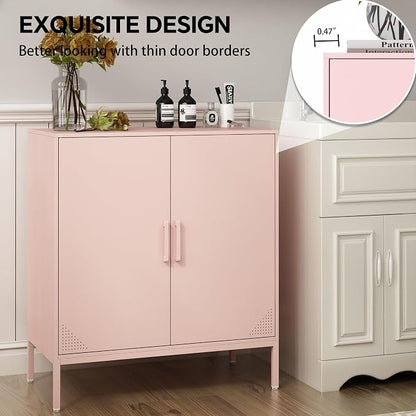 Steehoom Metal Storage Cabinet with 2 Doors, Steel Buffet Sideboard Entryway Locker Cabinet Kitchen Cupboard for Garage, Dining Room, Kitchen, Office, Bar (Pink, 31.5" D x 15.75" W x 35.43" H)