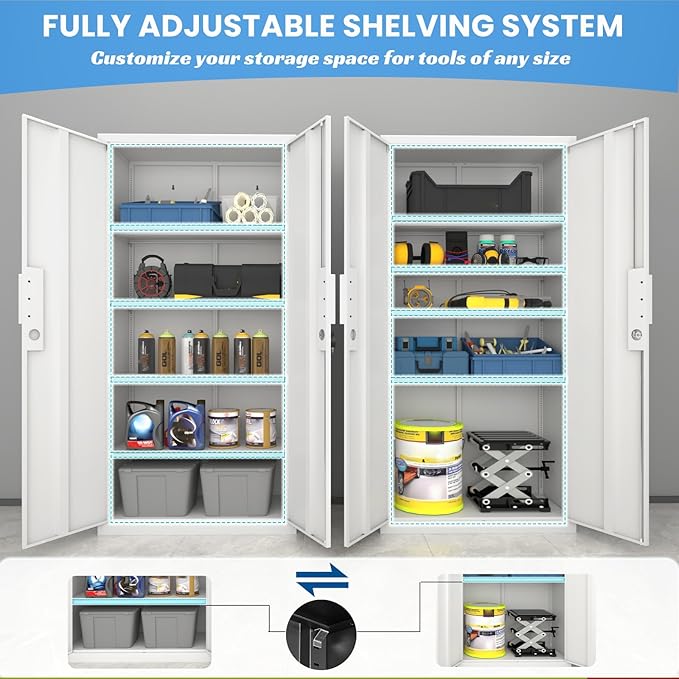 Metal Garage Storage Cabinet with Lock, 72" Tall Steel Storage Locker with 4 Adjustable Shelves, Heavy Duty Metal Cabinet for Garage, Office, Home, White