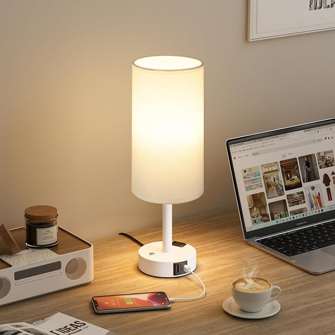 Touch Bedside Table Lamp with Memory - Stepless Dimmable Lamp for Bedroom, Small Nightstand Lamp with Dual USB Charging Ports and AC Outlet, Wood Night Light, Desk Lamp for Nursery (White & White)