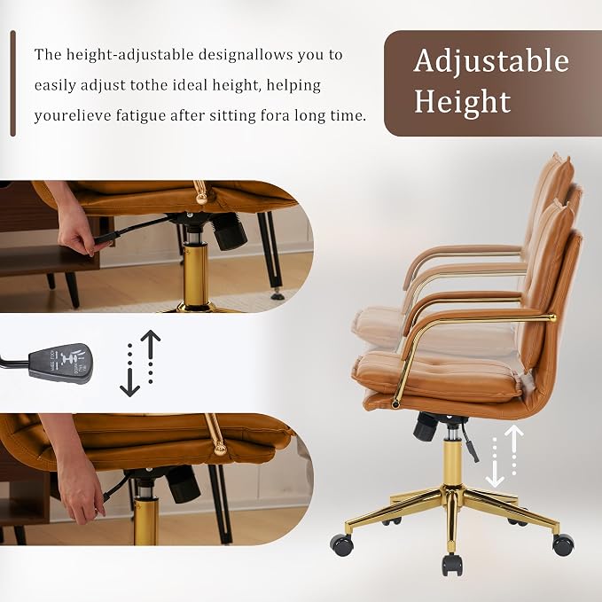 MOJAY Mid-Back Ergonomic Leather Office Chair, Modern Upholstered Executive Desk Chair with Gold Frame Armrest Computer Task Chair (Camel)