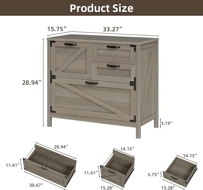 Wood Lateral File Cabinet with 4-Drawer for Hanging Files Letter/A4/Legal Size, Large Farmhouse Filing Cabinets for Home Office, Printer Stand with Office Cabinet, Office Furniture, Rustic Grey