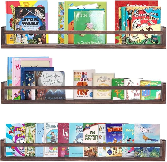 AZSKY Nursery Book Shelves Deep Walnut Wall Mount Floating Book Shelf for Bedroom Wooden Wall Book Shelf Children Kids Toddler Wall Bookshelf 36 Inch a Set of 3 Same Sizes