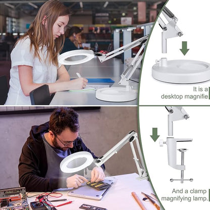 12X Magnifying Glass with Light and Stand, Upgrade Button 5 Color Modes Stepless Dimmable, 2-in-1 LED Lighted Magnifier Light, Hands Free Desk Lamp with Clamp for Craft Hobby Close Work - White