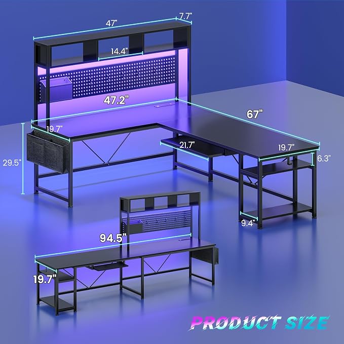 SEDETA L Shaped Gaming Desk, Reversible Computer Desk with Power Outlet and Pegboard, Gaming Desk with Led Lights, Keyboard Tray and Storage Bag for Home Office, Black