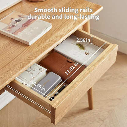 31" Solid Red Oak Narrow Writing Desk for Small Spaces – Drawer & Tapered Legs, Natural Wood Finish, Mid-Century Modern, Space-Saving for Bedroom（19.69" D x 29.92" H）