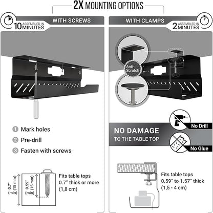 Under Desk Cable Management Tray no Drill – Wire Management - Cord Organizer – Huge Load Capacity – Under Desk Cable Tray no Drill (Black, 2 Pieces Set)