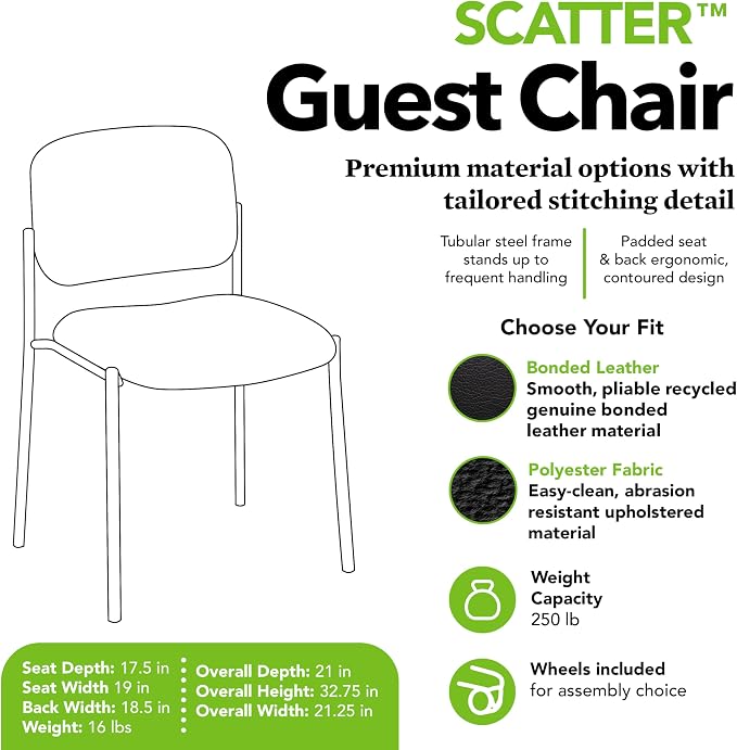 HON Scatter Guest Office Chair, Armless Leather Seating for Waiting Rooms, Lobbies, Conference Areas, and Offices, Stackable Side Chair for Reception and Training Spaces, Black