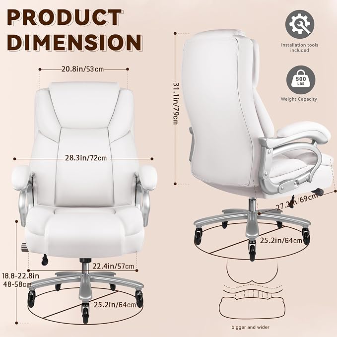 OFIKA Big and Tall Office-Chair 500lbs - Adjustable Lumbar Support, Office Chair for Heavy People, Heavy Duty High Back Executive with Wide Seat and Quiet Rubber Wheels