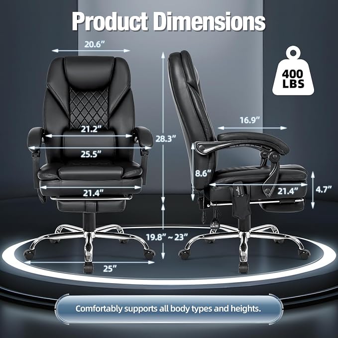 Massage Office Chair with Foot Rest, 6-Point Vibration and Heat Ergonomic Executive Chair, High Back Reclining Leather Desk Chair with 135° Recline, 400 LBS, Cozy