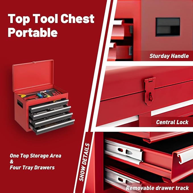 RYH 5 Drawers Rolling Tool Chest & Tool Box on Wheels | Heavy Duty Metal Cart with Ball Bearing Drawers | Fits US General Tool Box for Garage Storage (Red, 5 Drawers（42.1" H × 20.7" W × 11" D)