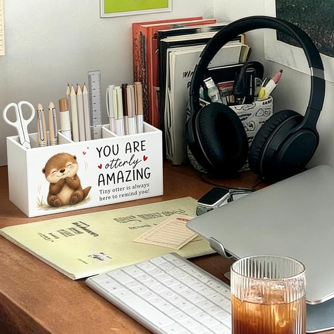 Positive Otter Pen Pencil Holder Desk Accessories Gifts for Women | Cute Otter Inspirational Pen Pencil Wooden Organizer Office Accessories Decorations for Dorm Room Bedroom Tabletop Desk Decor