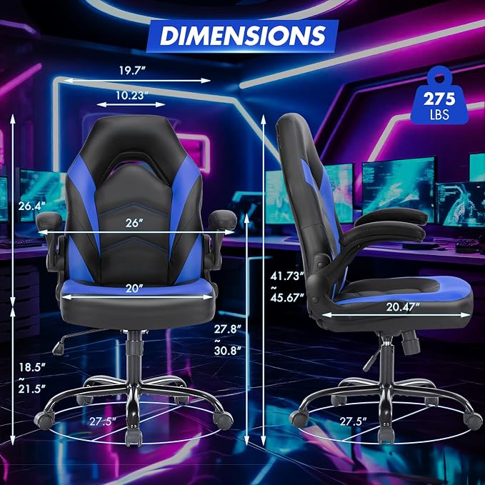 Sweetcrispy Computer Video Game Desk Chair: Ergonomic Comfy Lumbar Support, PU Leather with Flip-up Armrest, Height Adjustable and 360° Swivel, for Adults, Black Blue