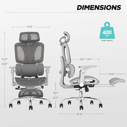 Ergonomic Office Chair with 3-Zone Dynamic Lumbar Support, Big and Tall Office Chair with Footrest, Adjustable Seat Depth,4D Headrest,6D Armrests, Swivel Executive Chair for Home Office,Grey