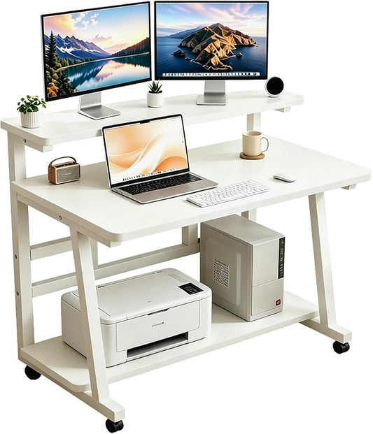 39.4 Inch Compact Rolling Computer Desk with Tier Worktable & Lockable Wheels, Small Computer Desk, Small Desk for Bedroom, Mobile Writing Workstation Easy Assembly for Home Office Small Spaces