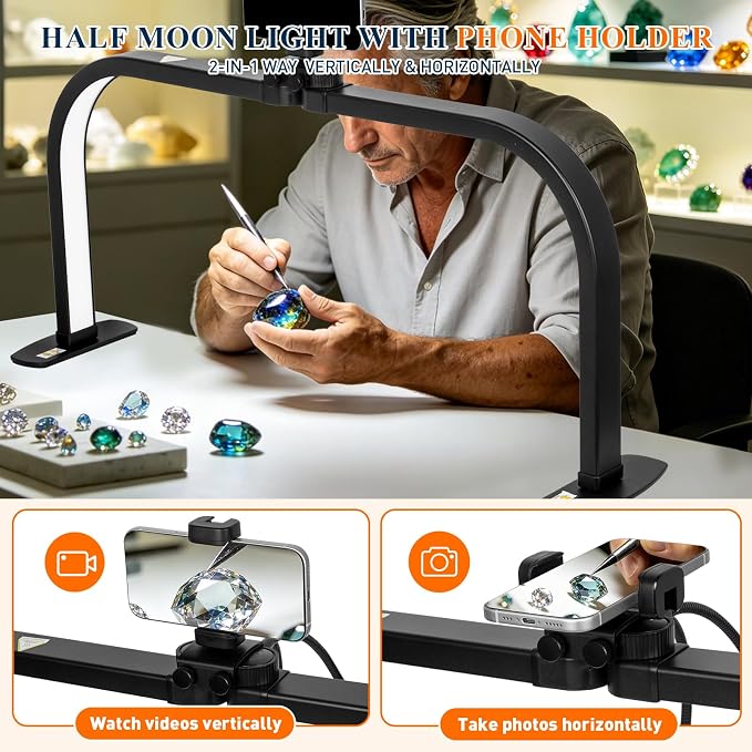 Half Moon Nail Light for Desk with Soldering Clips & Phone Holder, 30In Foldable LED Arch Tech Lamp for Fingernail Art Jewelery Craft Card DIY, 2700LM Multiple Brightness 3000-6000K