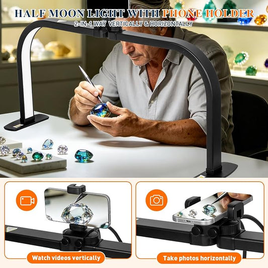 Half Moon Nail Light for Desk with Soldering Clips & Phone Holder, 30In Foldable LED Arch Tech Lamp for Fingernail Art Jewelery Craft Card DIY, 2700LM Multiple Brightness 3000-6000K
