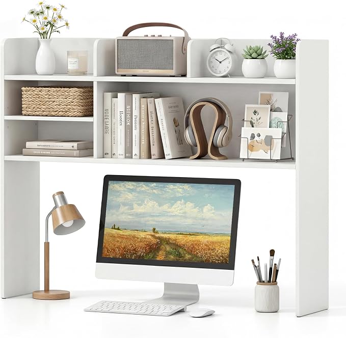 LDAILY 3-Tier Desktop Bookshelf, Wooden Desk Hutch for Computer Monitor Up to 32 Inch, Desk Organizer Shelf with Adjustable Shelf & 6 Storage Shelves, Desk Display Rack for Home Office Dorm (White)
