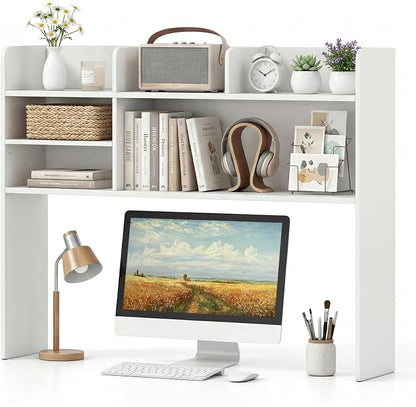 LDAILY 3-Tier Desktop Bookshelf, Wooden Desk Hutch for Computer Monitor Up to 32 Inch, Desk Organizer Shelf with Adjustable Shelf & 6 Storage Shelves, Desk Display Rack for Home Office Dorm (White)