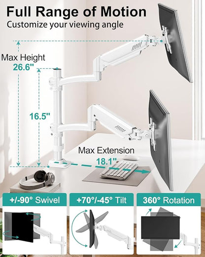 Dual Monitor Stand for 2 Screens up to 32 inch, Vertical Stacked Dual Monitor Mount, Full Motion Adjustable Tall Double Monitor Desk Mount, Each Arm Holds 4.4-22lbs, VESA 75/100mm, White, Freelift