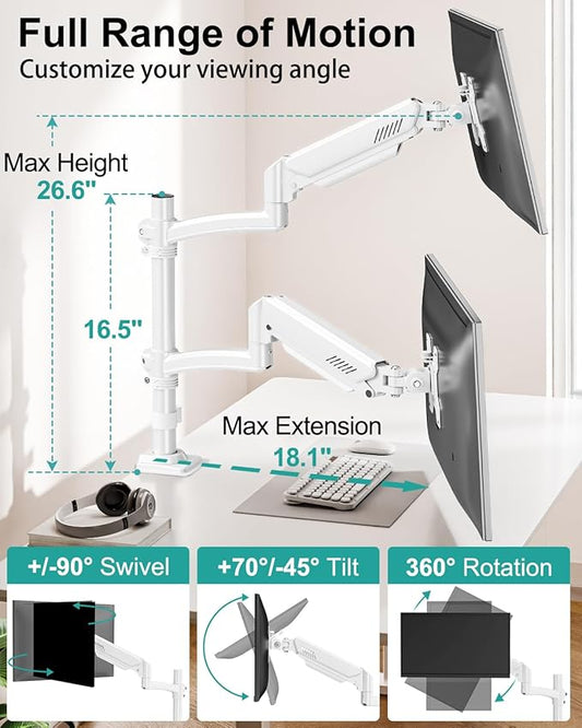 Dual Monitor Stand for 2 Screens up to 32 inch, Vertical Stacked Dual Monitor Mount, Full Motion Adjustable Tall Double Monitor Desk Mount, Each Arm Holds 4.4-22lbs, VESA 75/100mm, White, Freelift